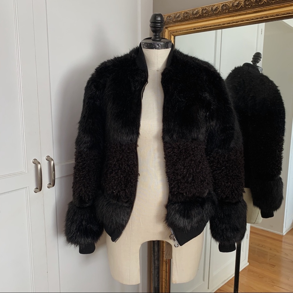 JOHN + JENN Black Faux Fur Bomber